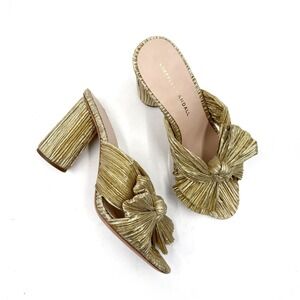 Loeffler Randall Penny Knot Mules Gold Pleated Metallic Block Heel Womens 7.5 B